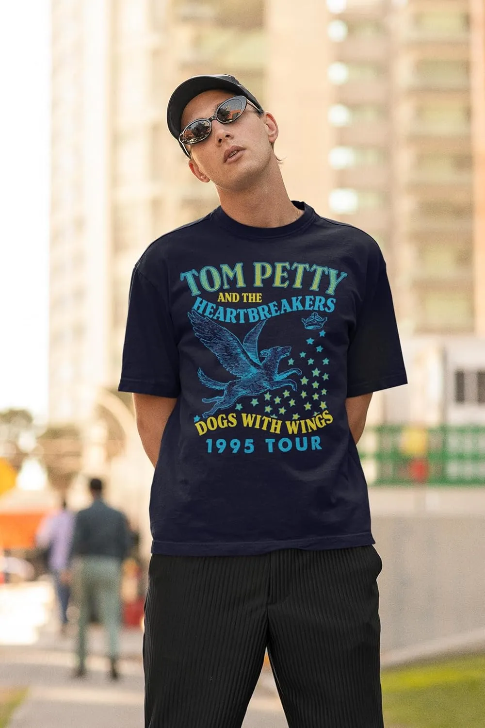 Tom Petty & The Heartbreakers Dogs with Wings '95 Tour Adult Navy Short Sleeve T Shirt 90s Graphic Tees