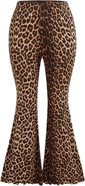 WDIRARA Women's Plus Size Leopard Print Flared Pants Elastic Waist Lettuce Trim Bell Bottom Trousers