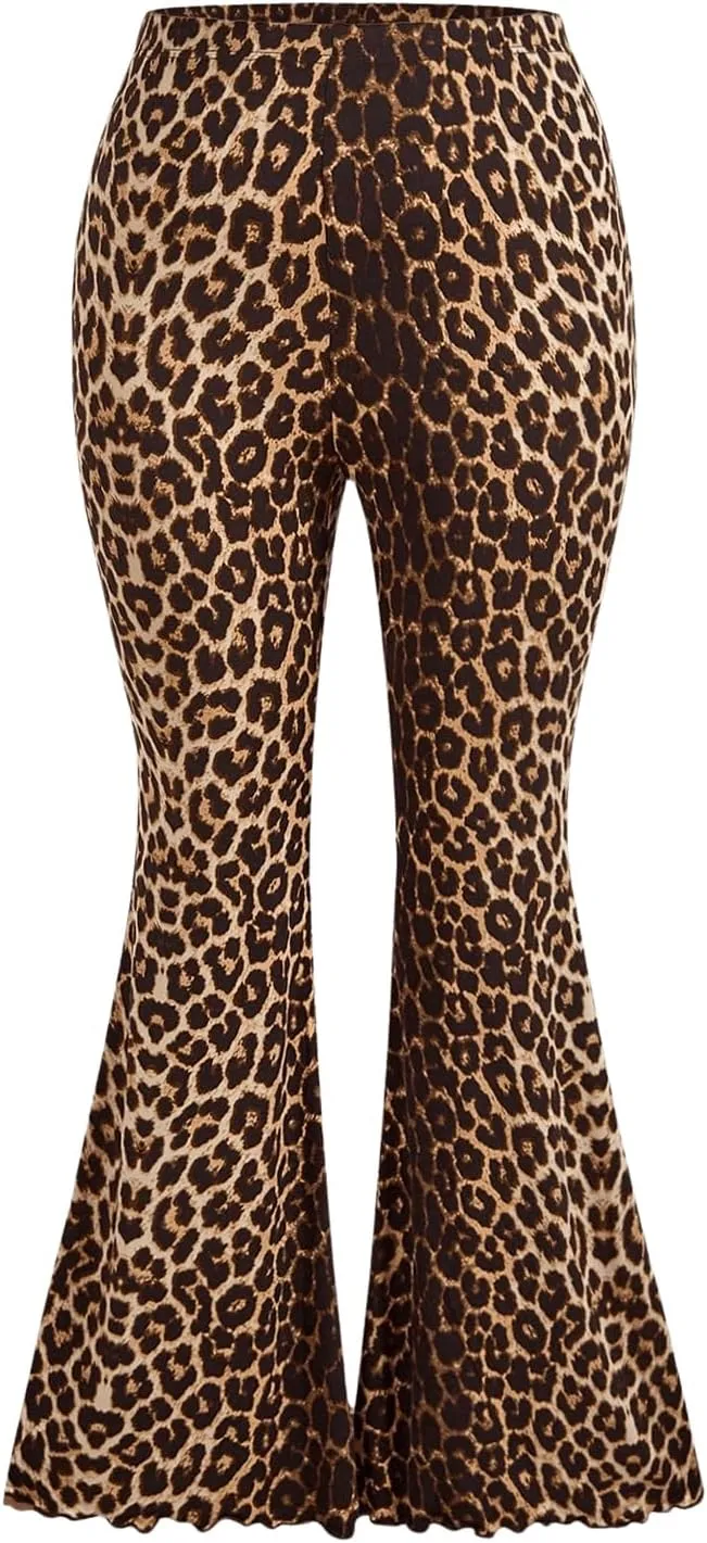 WDIRARA Women's Plus Size Leopard Print Flared Pants Elastic Waist Lettuce Trim Bell Bottom Trousers
