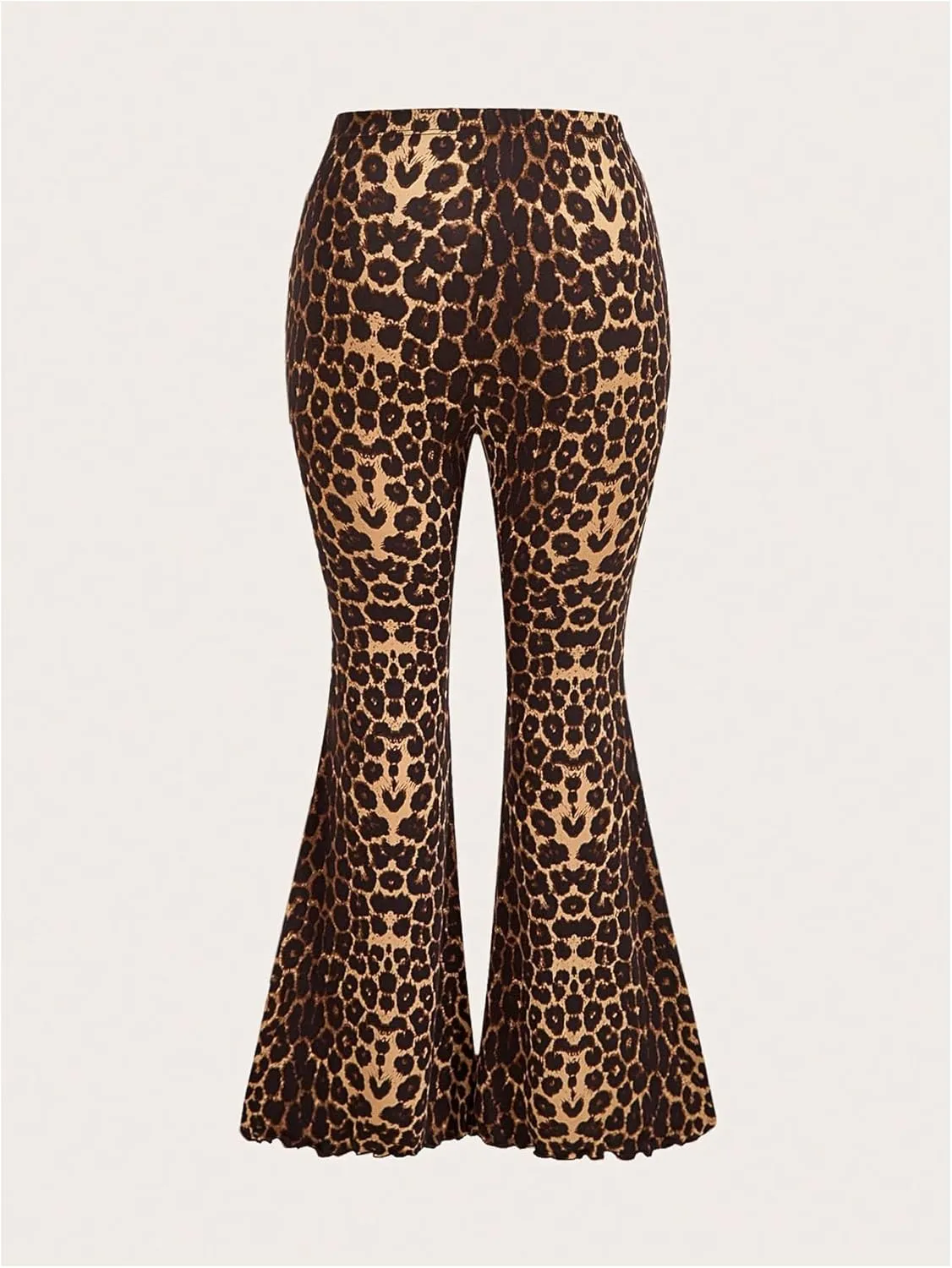 WDIRARA Women's Plus Size Leopard Print Flared Pants Elastic Waist Lettuce Trim Bell Bottom Trousers