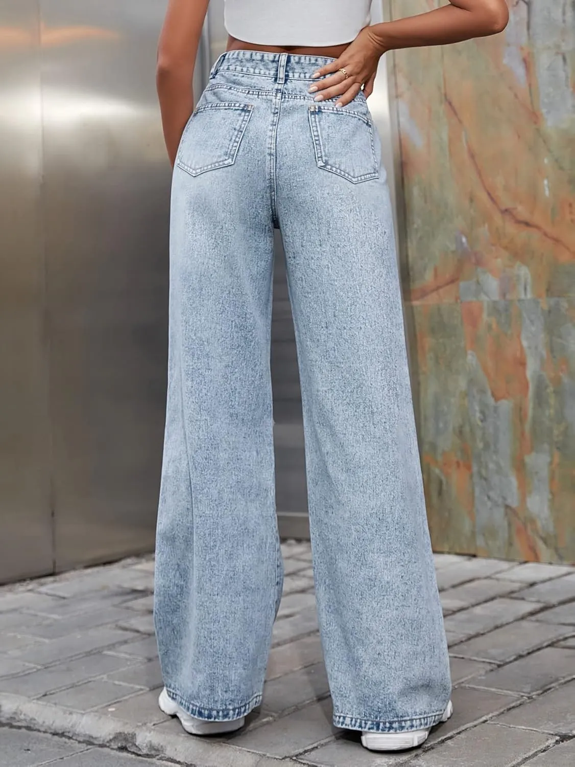 WDIRARA Women's Ripped Baggy Jeans High Waist Straight Leg Denim Pants