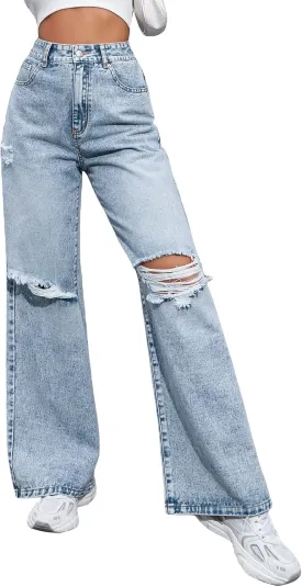 WDIRARA Women's Ripped Baggy Jeans High Waist Straight Leg Denim Pants