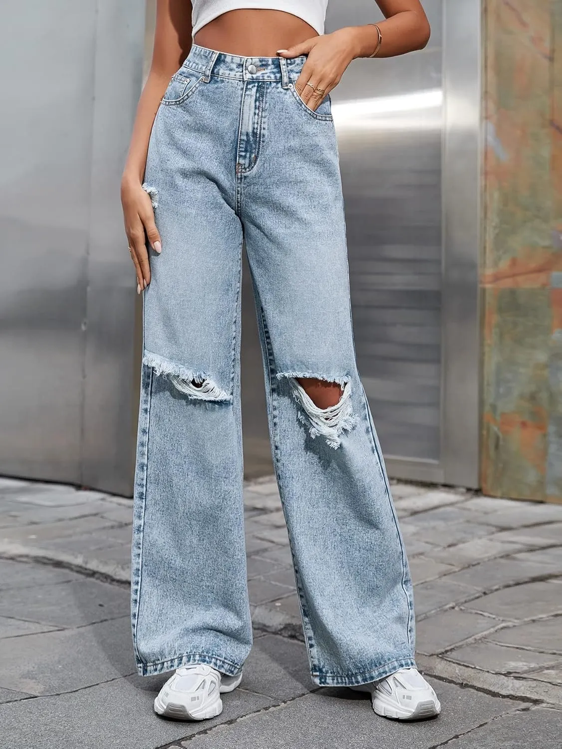 WDIRARA Women's Ripped Baggy Jeans High Waist Straight Leg Denim Pants