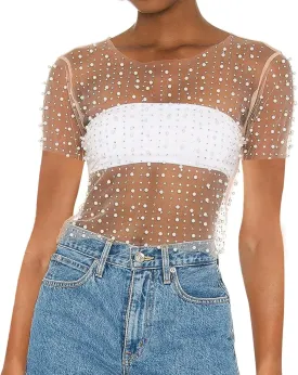 Women Pearl Rhinestone Sheer Mesh Crop Tee Top Sexy See Through Short Sleeve Slim Fit Crop T-Shirt Club Summer