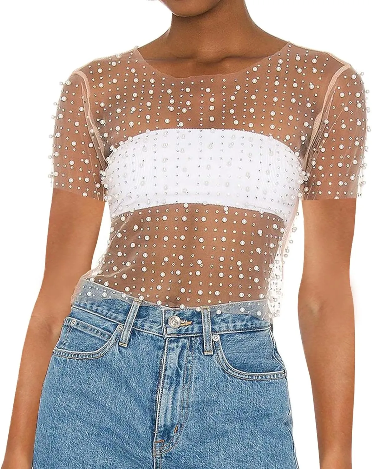 Women Pearl Rhinestone Sheer Mesh Crop Tee Top Sexy See Through Short Sleeve Slim Fit Crop T-Shirt Club Summer