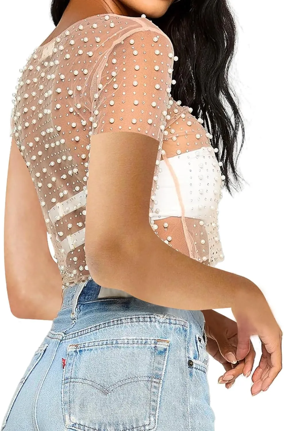 Women Pearl Rhinestone Sheer Mesh Crop Tee Top Sexy See Through Short Sleeve Slim Fit Crop T-Shirt Club Summer