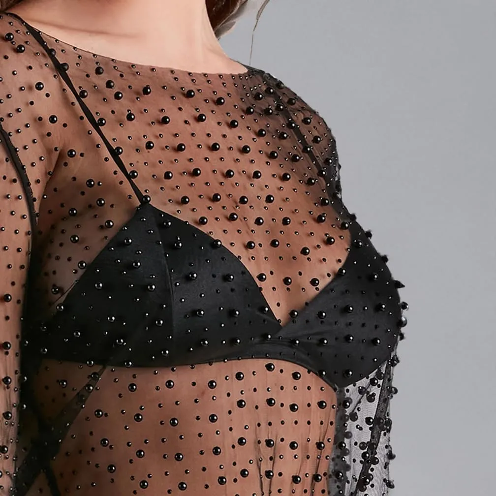 Women Pearl Rhinestone Sheer Mesh Crop Tee Top Sexy See Through Short Sleeve Slim Fit Crop T-Shirt Club Summer