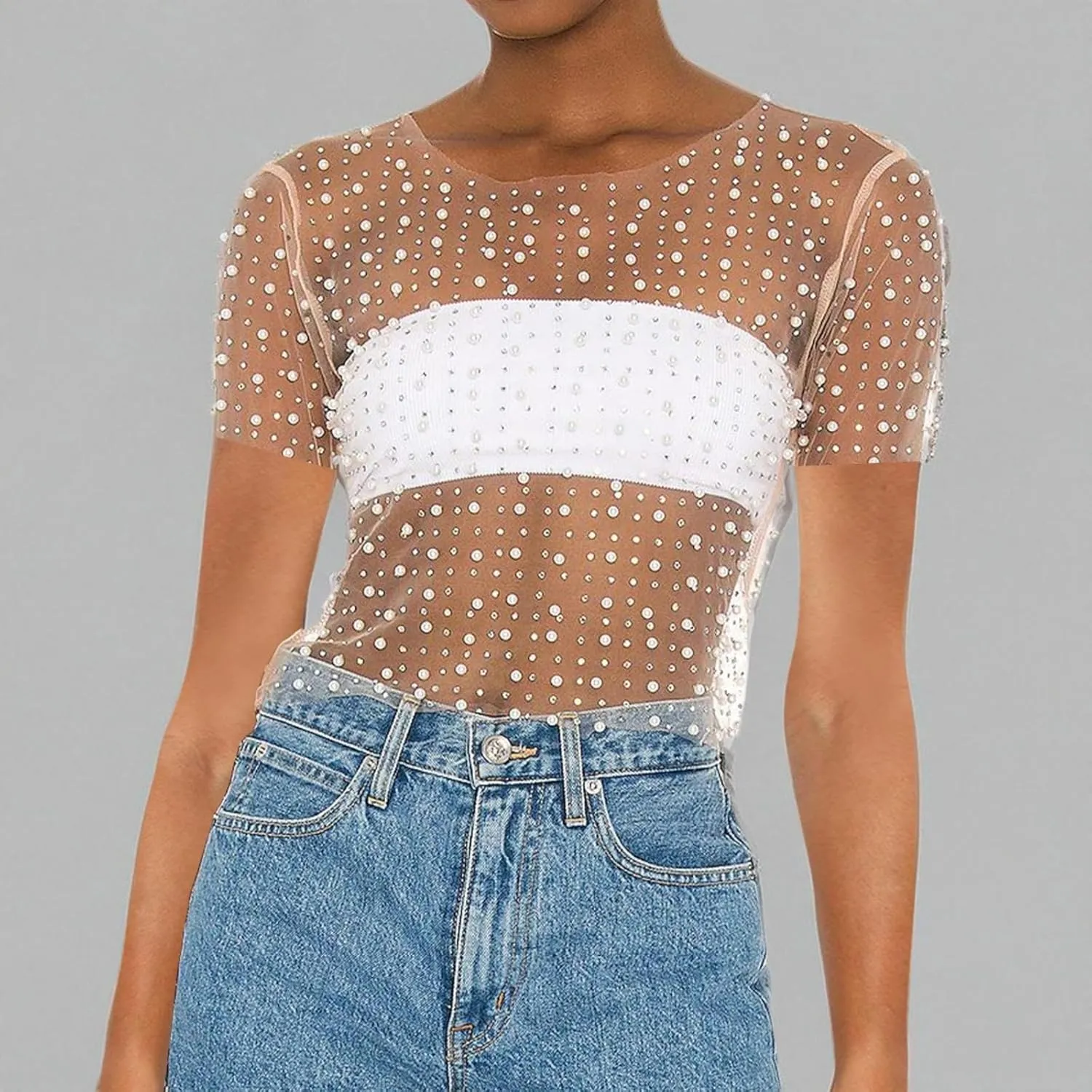 Women Pearl Rhinestone Sheer Mesh Crop Tee Top Sexy See Through Short Sleeve Slim Fit Crop T-Shirt Club Summer