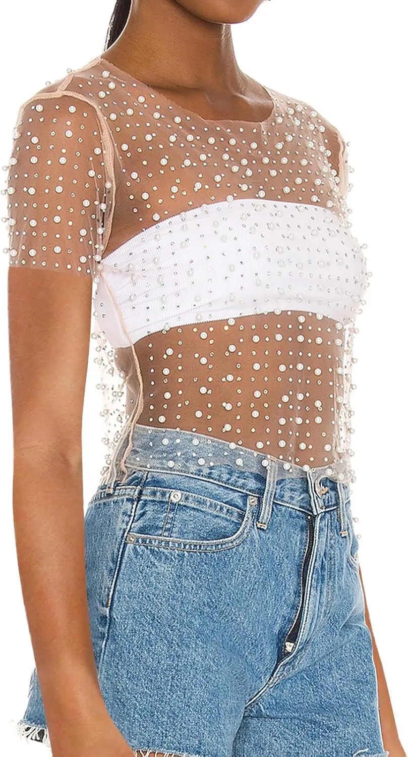 Women Pearl Rhinestone Sheer Mesh Crop Tee Top Sexy See Through Short Sleeve Slim Fit Crop T-Shirt Club Summer