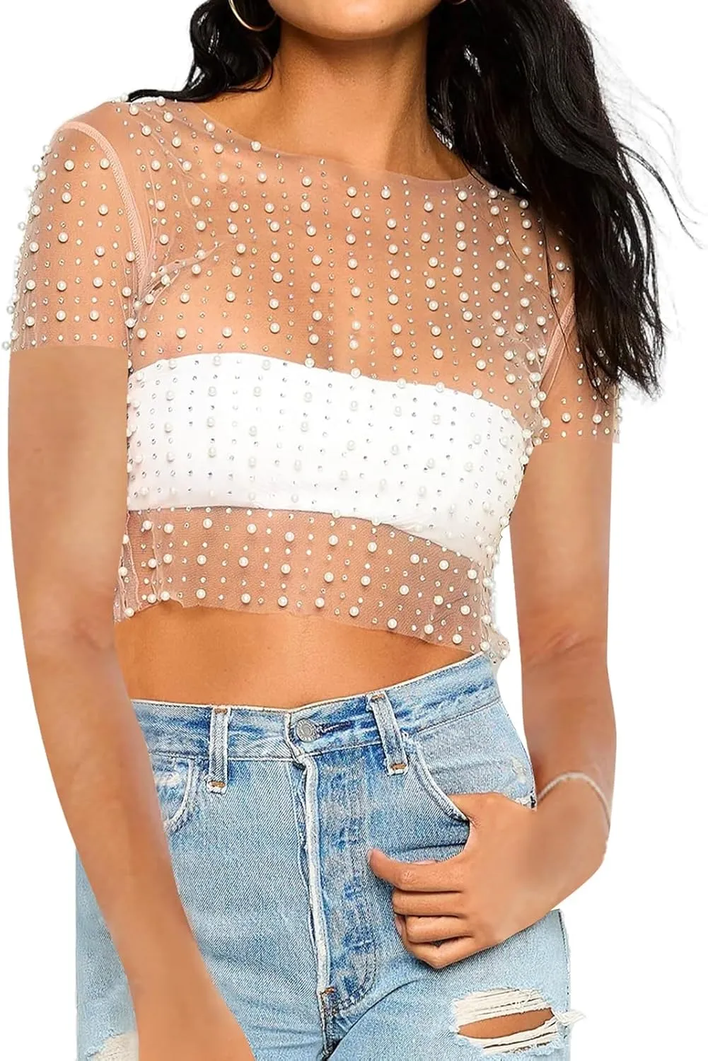 Women Pearl Rhinestone Sheer Mesh Crop Tee Top Sexy See Through Short Sleeve Slim Fit Crop T-Shirt Club Summer