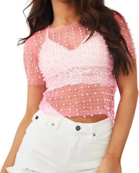 Women Pearl Rhinestone Sheer Mesh Crop Tee Top Sexy See Through Short Sleeve Slim Fit Crop T-Shirt Club Summer