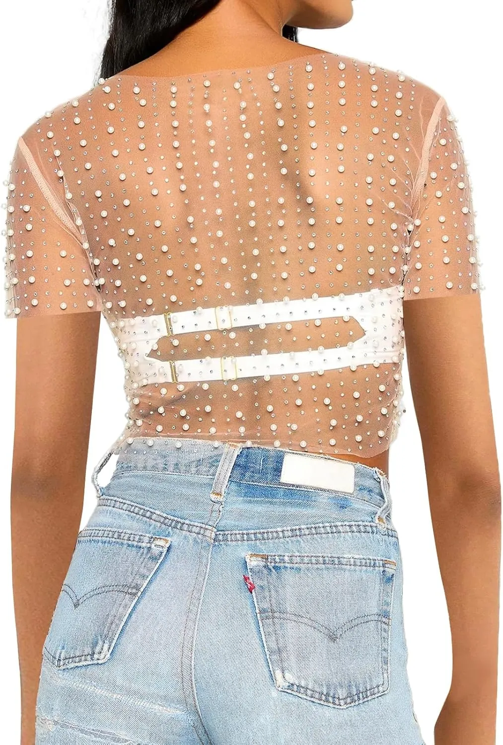Women Pearl Rhinestone Sheer Mesh Crop Tee Top Sexy See Through Short Sleeve Slim Fit Crop T-Shirt Club Summer