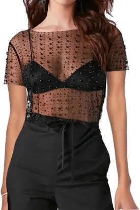 Women Pearl Rhinestone Sheer Mesh Crop Tee Top Sexy See Through Short Sleeve Slim Fit Crop T-Shirt Club Summer