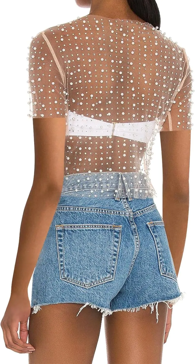 Women Pearl Rhinestone Sheer Mesh Crop Tee Top Sexy See Through Short Sleeve Slim Fit Crop T-Shirt Club Summer