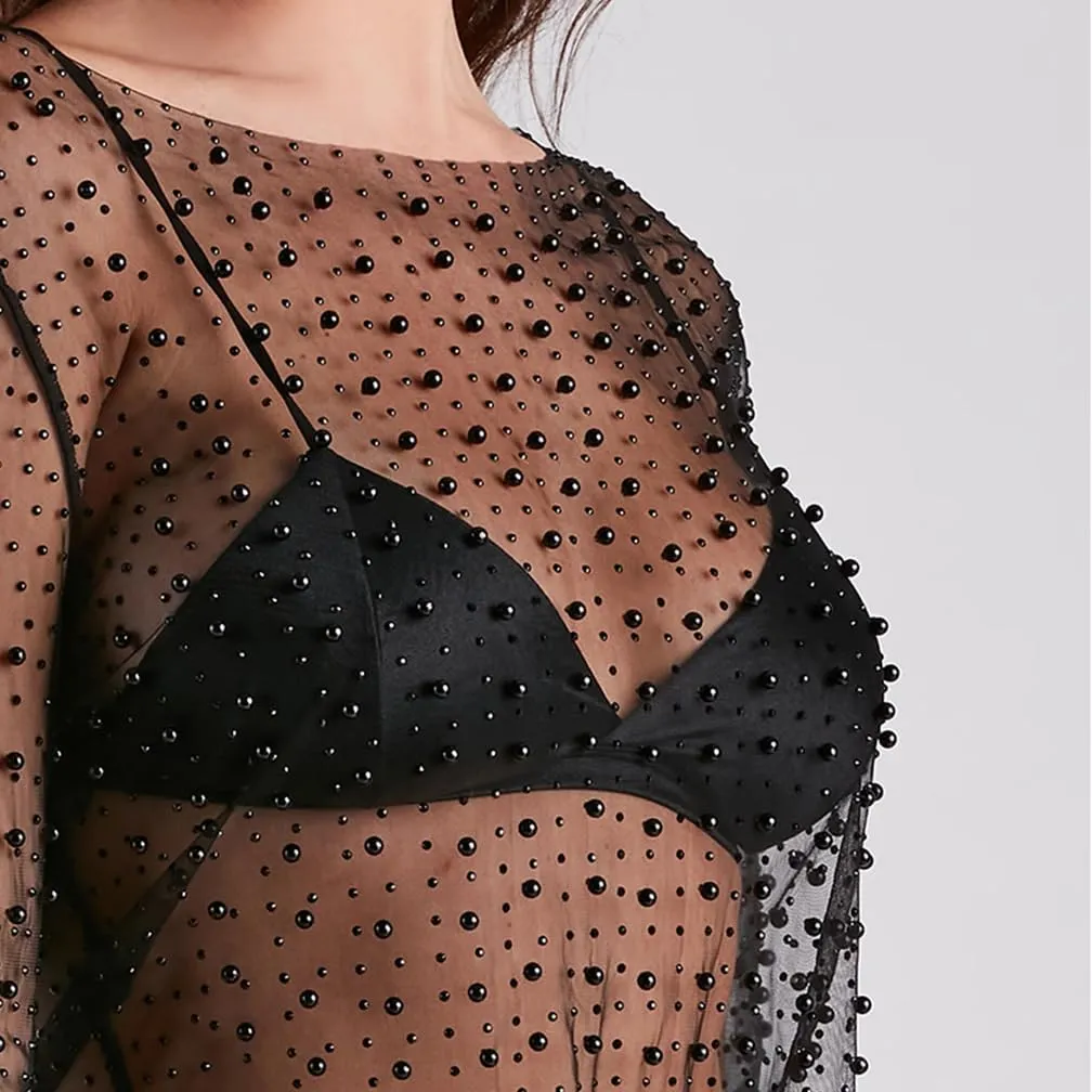 Women Pearl Rhinestone Sheer Mesh Crop Tee Top Sexy See Through Short Sleeve Slim Fit Crop T-Shirt Club Summer