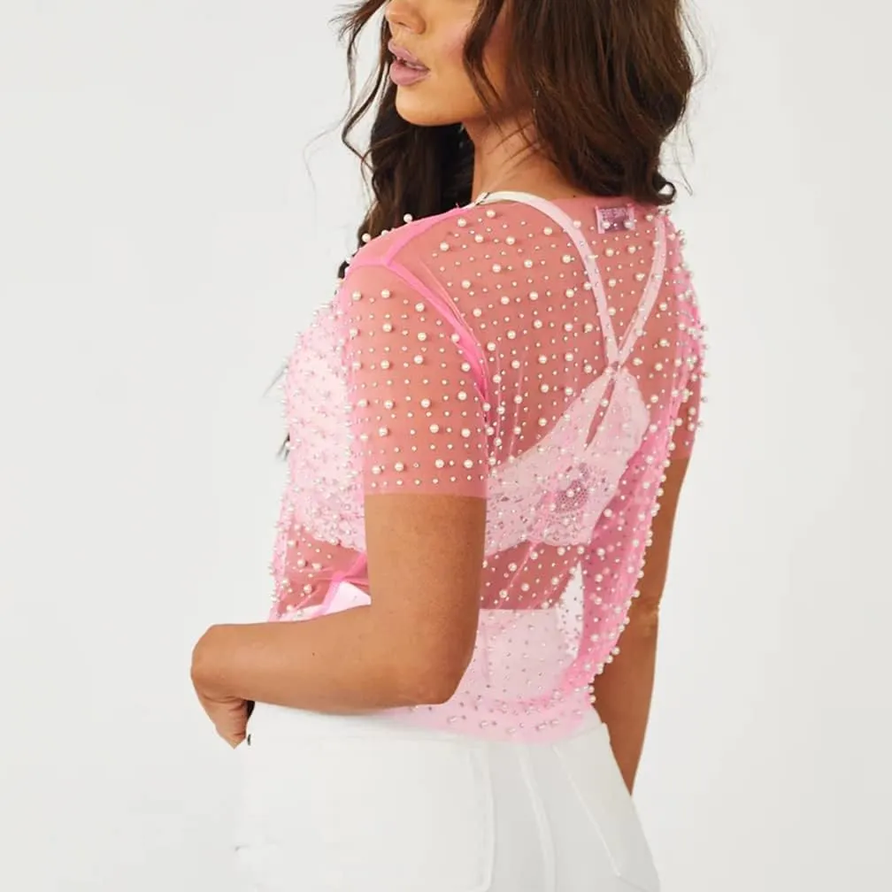 Women Pearl Rhinestone Sheer Mesh Crop Tee Top Sexy See Through Short Sleeve Slim Fit Crop T-Shirt Club Summer