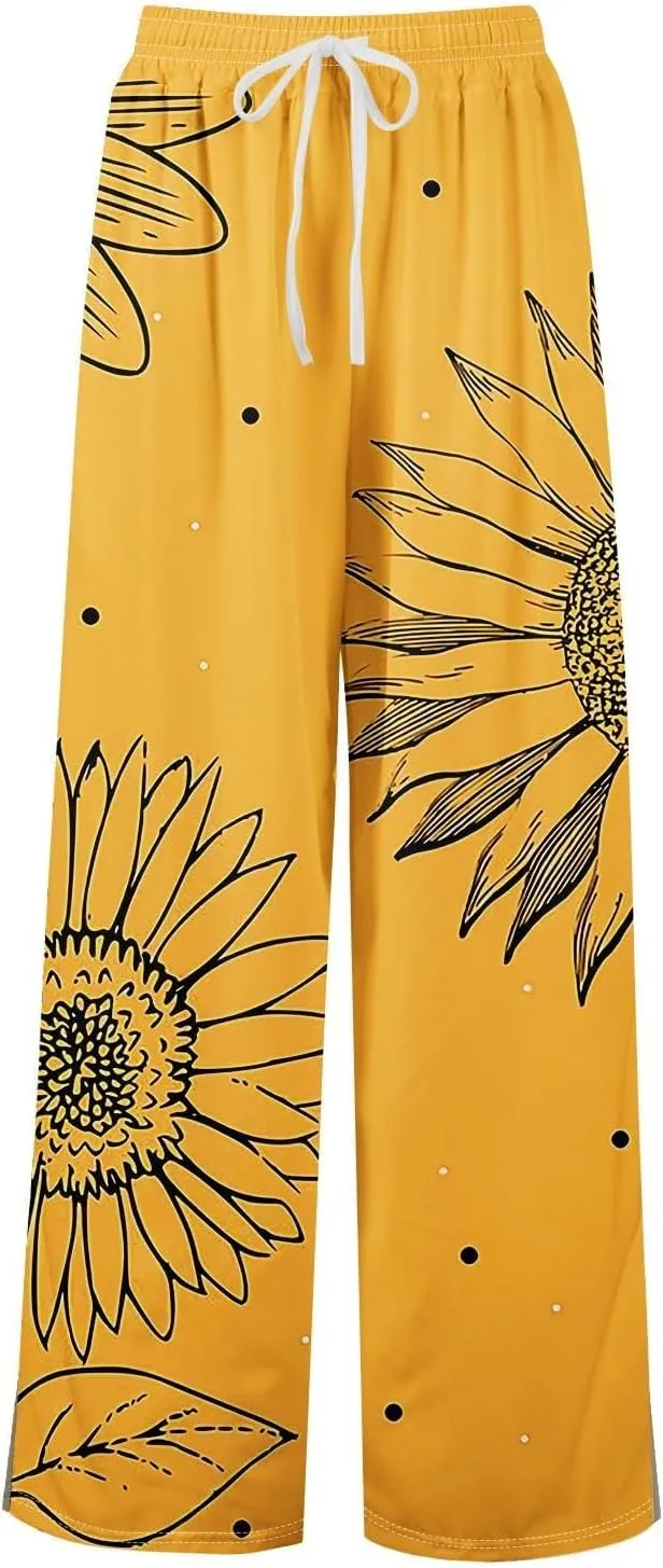 Women Summer Boho Palazzo Pants High Waist Wide Leg Flowy Pants Beach Drawstring Casual Side Slit Trousers Pockets