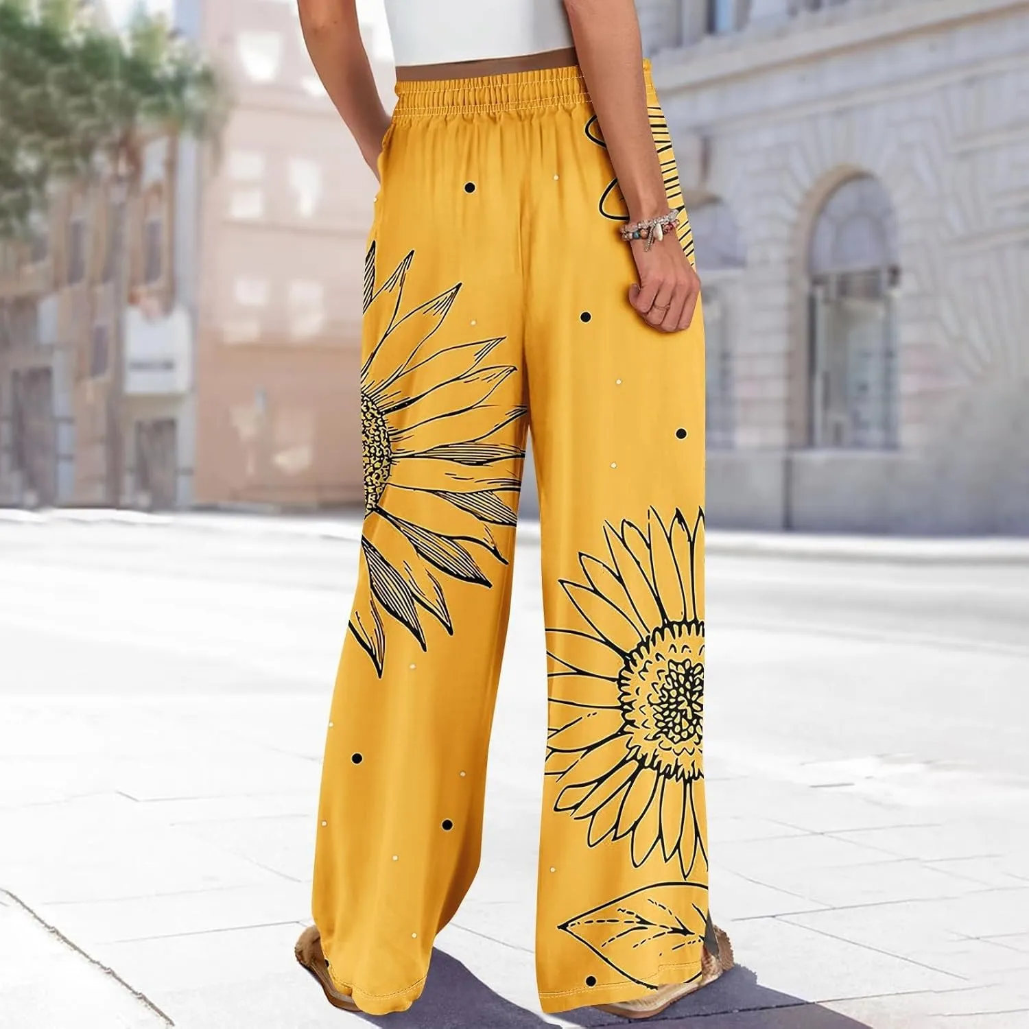 Women Summer Boho Palazzo Pants High Waist Wide Leg Flowy Pants Beach Drawstring Casual Side Slit Trousers Pockets