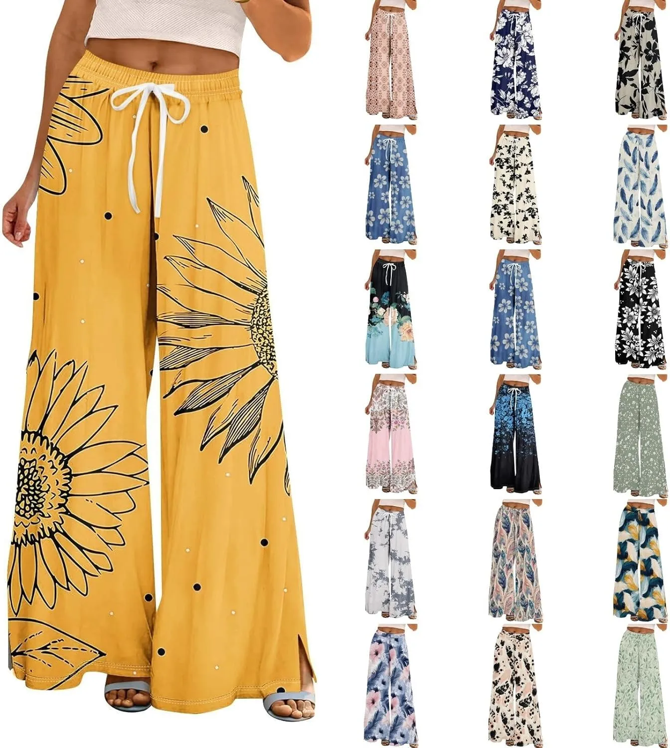 Women Summer Boho Palazzo Pants High Waist Wide Leg Flowy Pants Beach Drawstring Casual Side Slit Trousers Pockets