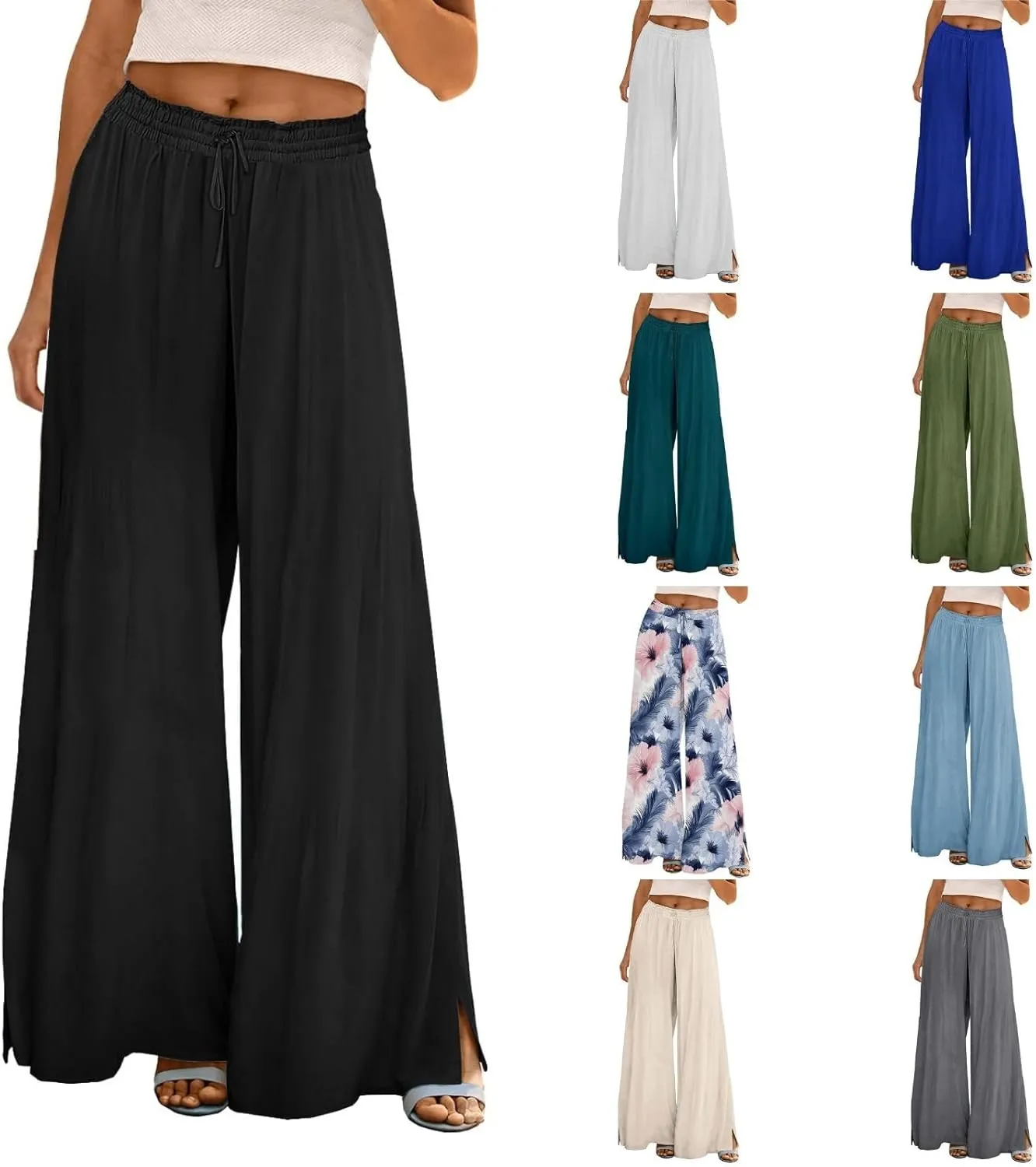 Women Summer Boho Palazzo Pants High Waist Wide Leg Flowy Pants Beach Drawstring Casual Side Slit Trousers Pockets