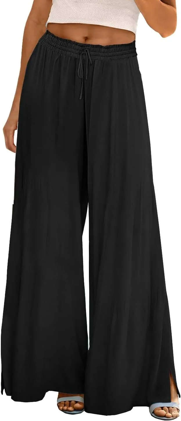 Women Summer Boho Palazzo Pants High Waist Wide Leg Flowy Pants Beach Drawstring Casual Side Slit Trousers Pockets