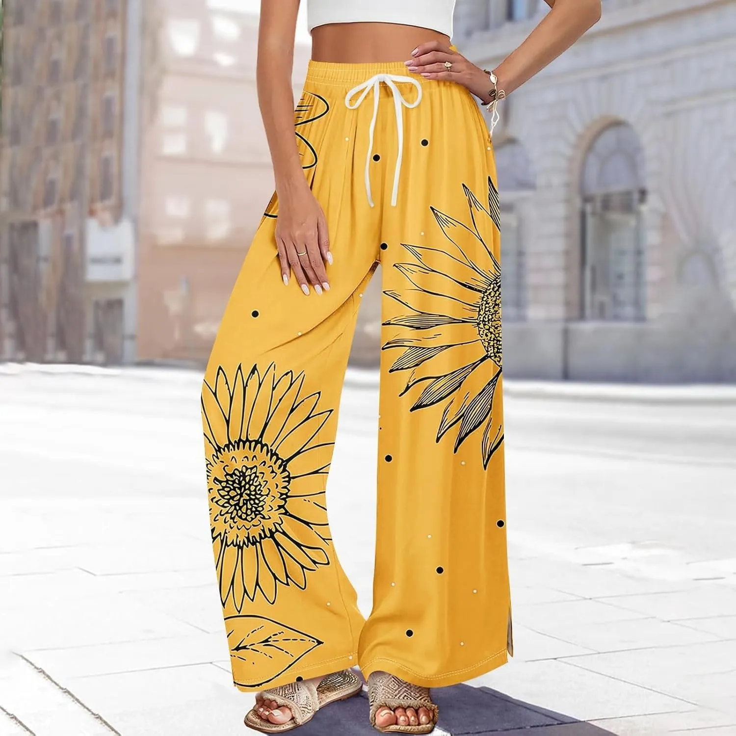 Women Summer Boho Palazzo Pants High Waist Wide Leg Flowy Pants Beach Drawstring Casual Side Slit Trousers Pockets
