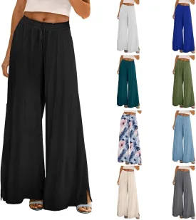 Women Summer Boho Palazzo Pants High Waist Wide Leg Flowy Pants Beach Drawstring Casual Side Slit Trousers Pockets