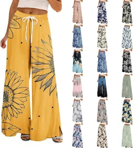Women Summer Boho Palazzo Pants High Waist Wide Leg Flowy Pants Beach Drawstring Casual Side Slit Trousers Pockets
