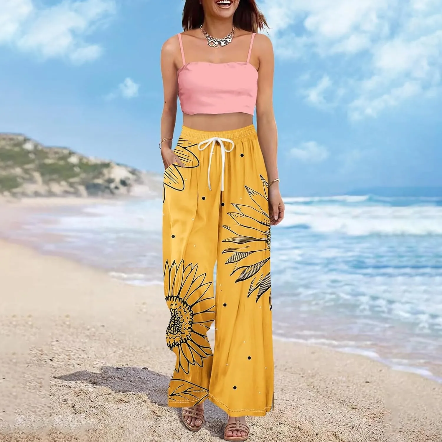 Women Summer Boho Palazzo Pants High Waist Wide Leg Flowy Pants Beach Drawstring Casual Side Slit Trousers Pockets