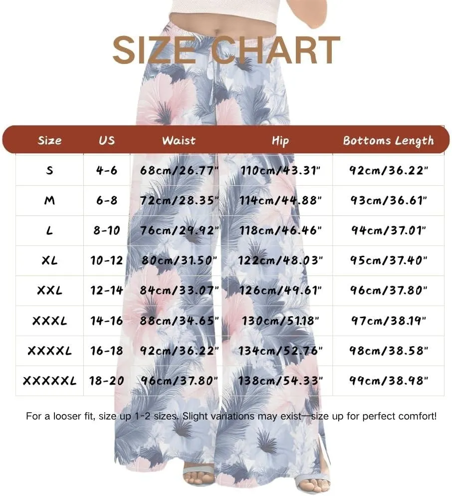 Women Summer Boho Palazzo Pants High Waist Wide Leg Flowy Pants Beach Drawstring Casual Side Slit Trousers Pockets