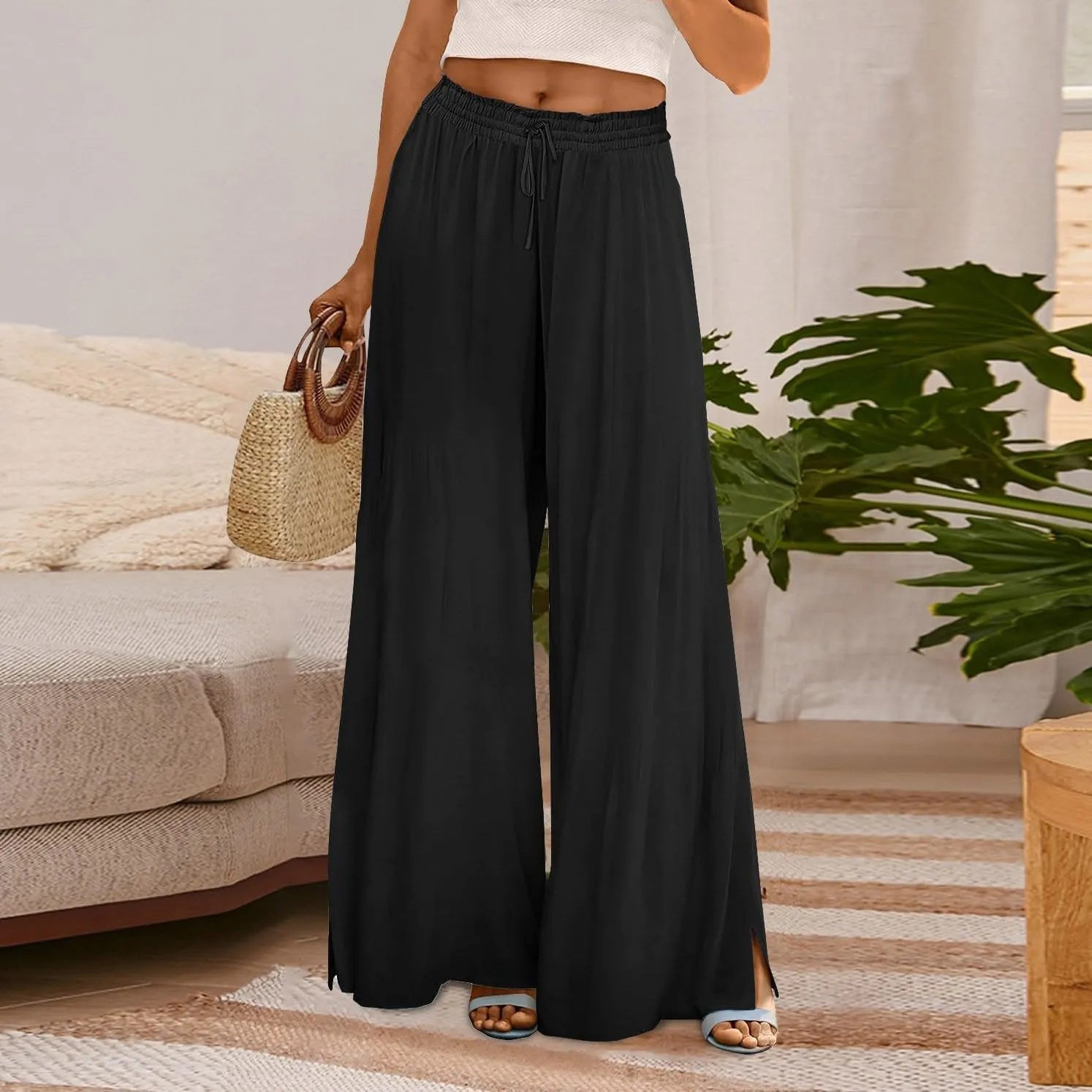 Women Summer Boho Palazzo Pants High Waist Wide Leg Flowy Pants Beach Drawstring Casual Side Slit Trousers Pockets