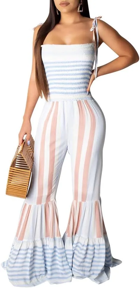Womens Rainbow Print Stripes Crop Top   Wide Leg Pants 2 Piece Outfits