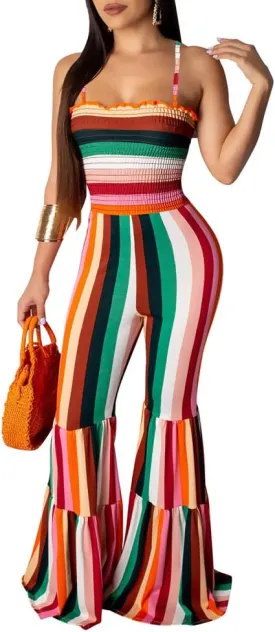 Womens Rainbow Print Stripes Crop Top   Wide Leg Pants 2 Piece Outfits