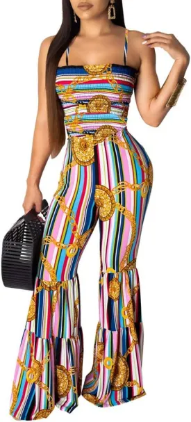 Womens Rainbow Print Stripes Crop Top   Wide Leg Pants 2 Piece Outfits