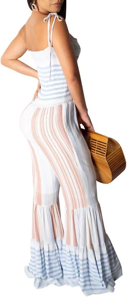 Womens Rainbow Print Stripes Crop Top   Wide Leg Pants 2 Piece Outfits