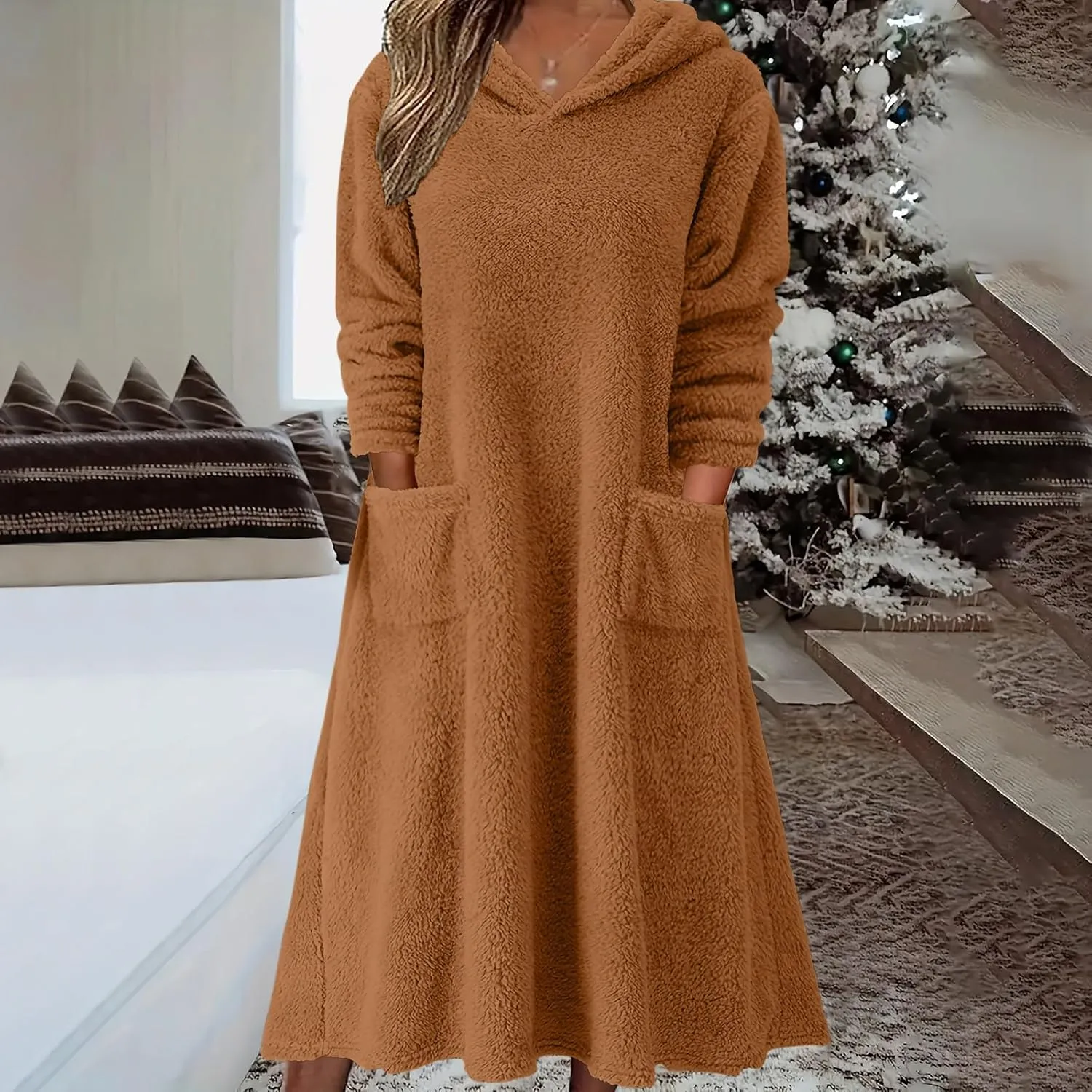Womens Winter Warm Long Sleeve Fuzzy Fleece Sherpa Midi Hooded Dress Casual Flowy Hoodie Sweatshirt Dress with Pockets