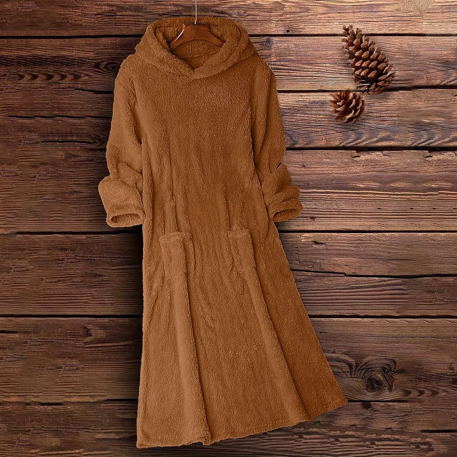 Womens Winter Warm Long Sleeve Fuzzy Fleece Sherpa Midi Hooded Dress Casual Flowy Hoodie Sweatshirt Dress with Pockets