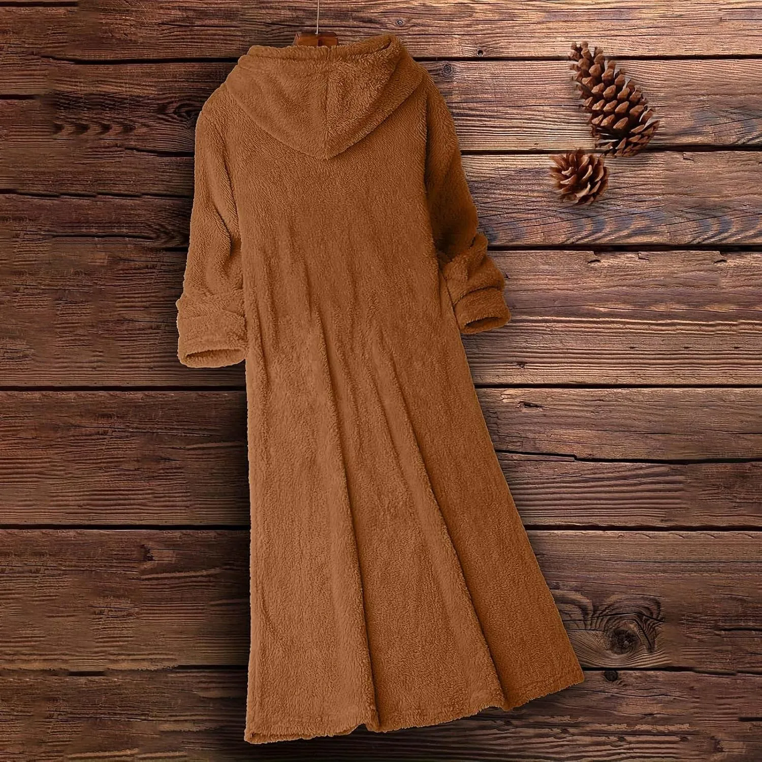 Womens Winter Warm Long Sleeve Fuzzy Fleece Sherpa Midi Hooded Dress Casual Flowy Hoodie Sweatshirt Dress with Pockets