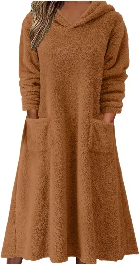 Womens Winter Warm Long Sleeve Fuzzy Fleece Sherpa Midi Hooded Dress Casual Flowy Hoodie Sweatshirt Dress with Pockets