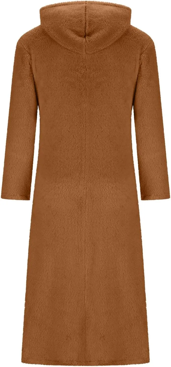 Womens Winter Warm Long Sleeve Fuzzy Fleece Sherpa Midi Hooded Dress Casual Flowy Hoodie Sweatshirt Dress with Pockets