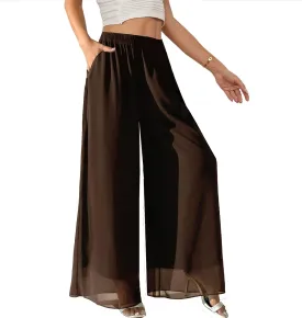 Yehopere Palazzo Pants for Women Dressy Flowy Chiffon Double Layers Summer Boho Wide Leg Casual Lounge Pants Trouser