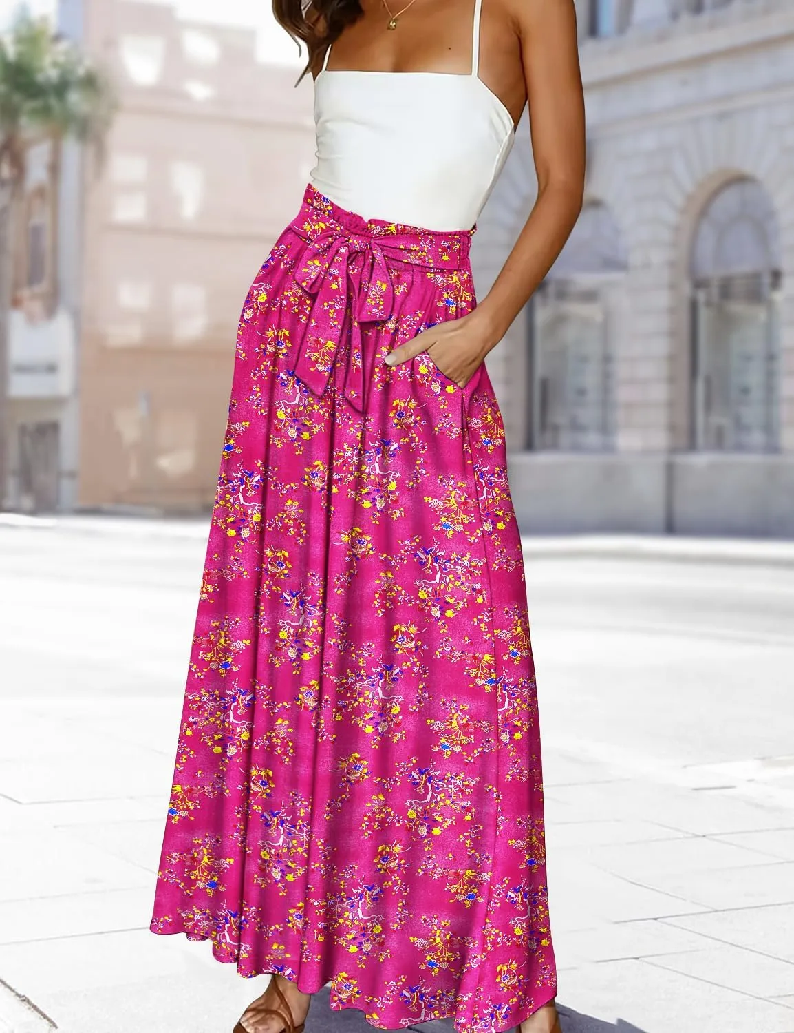 YESNO Women Wide Leg Pants High Waisted Floral Boho Palazzo Culottes Casual Flowy Tie Knot Trousers with Pockets PPS