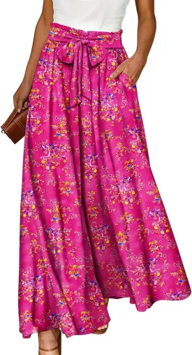 YESNO Women Wide Leg Pants High Waisted Floral Boho Palazzo Culottes Casual Flowy Tie Knot Trousers with Pockets PPS