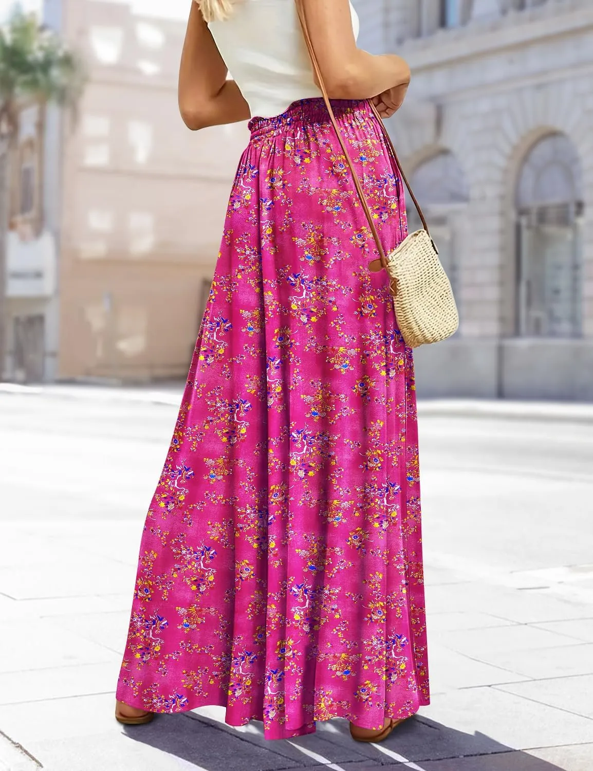 YESNO Women Wide Leg Pants High Waisted Floral Boho Palazzo Culottes Casual Flowy Tie Knot Trousers with Pockets PPS
