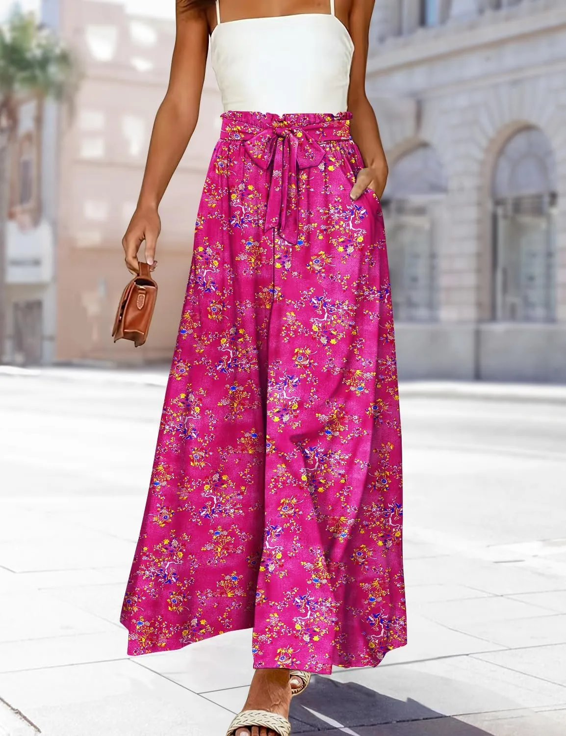 YESNO Women Wide Leg Pants High Waisted Floral Boho Palazzo Culottes Casual Flowy Tie Knot Trousers with Pockets PPS