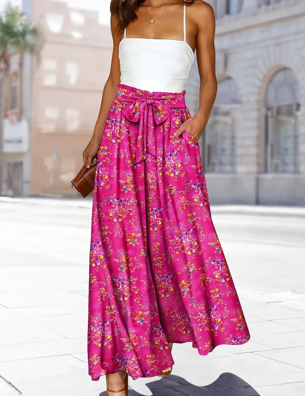 YESNO Women Wide Leg Pants High Waisted Floral Boho Palazzo Culottes Casual Flowy Tie Knot Trousers with Pockets PPS